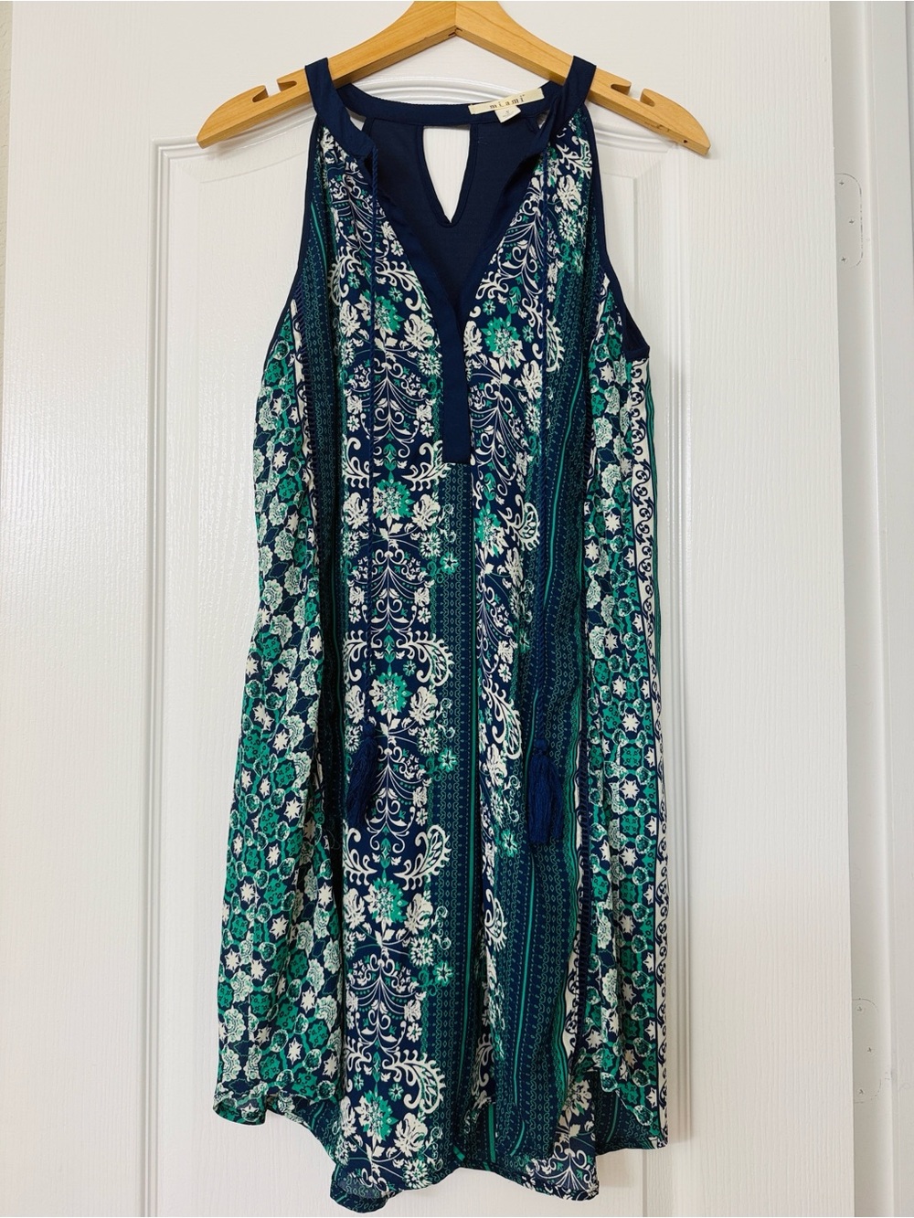 Mi Ami • Navy Green Boho Floral Paisley Sleeveless Shift Dress Size Small